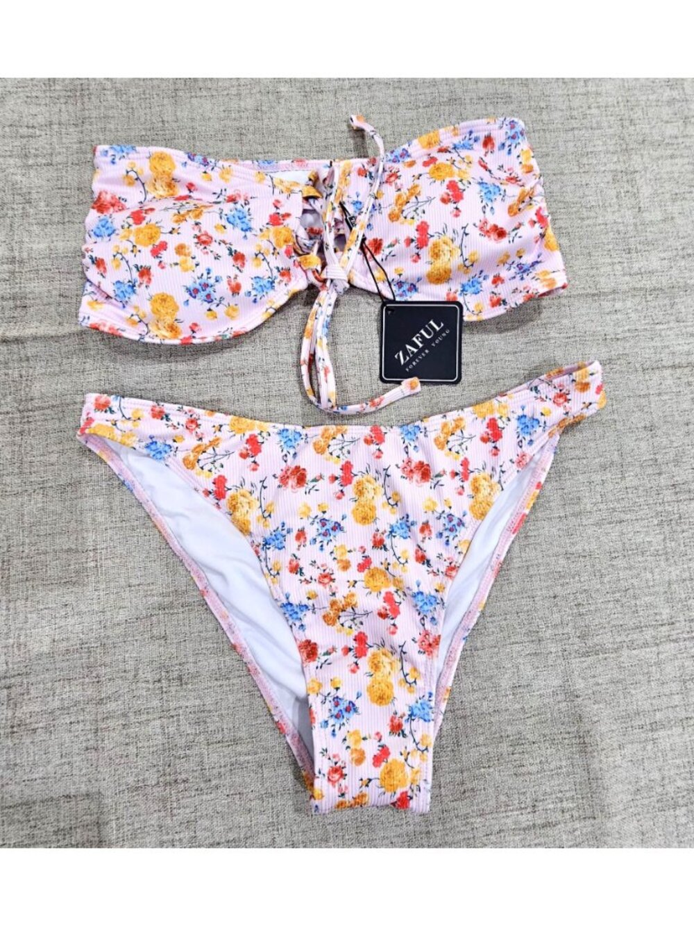 Medium Pink Floral Ribbed Bandeau Bikini Set With Tie Front Cheeky Bottom NWT - Picture 3 of 4